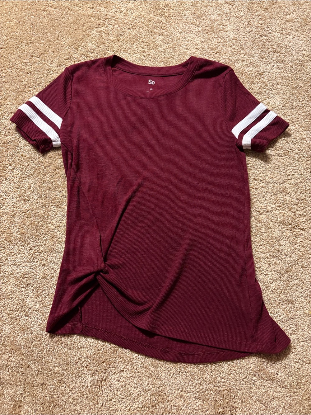 SO Burgundy Short Sleeve Knot-Front Tee with White Sleeve Stripes
